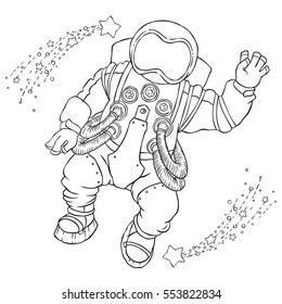 Illustration greeting astronaut in an orange space suit and face mask with an open palm.