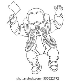 Illustration greeting astronaut silver space suit and face mask with an open palm and an empty flag.