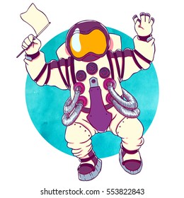 Illustration greeting astronaut silver space suit and face mask with an open palm and an empty flag. Behind watercolor texture space.