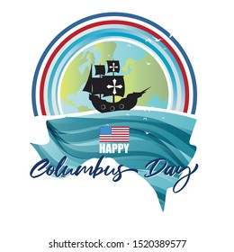 Illustration of  greeting, banner for  Happy Columbus Day National Usa Holiday With Ship Over American Flag.