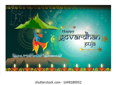 Illustration of greeting /banner for Hindu festival with Hindi text 'govardhan puja' sentence means' govardhan puja'.