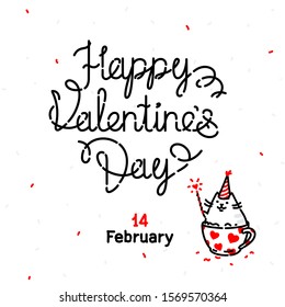 Illustration of a greeting card with a cat for Valentine's Day. Vector. February 14, the day of the deceased. Cute kawaii kitty in a cup wishes a happy holiday. Banner for the site. Contour style.