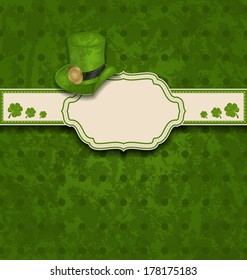 Illustration greeting card with clovers and hat for St. Patrick's Day - vector