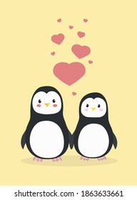 Illustration greeting card cute penguins holding hands, hugging, and from them flying hearts in the style of flat on a yellow background. Happy Valentine's day greetings