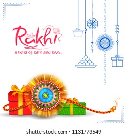 illustration of greeting card with decorative Rakhi for Raksha Bandhan, Indian festival of brother and sister bonding celebration