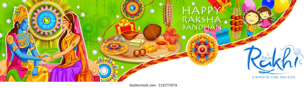 illustration of greeting card with decorative Rakhi for Raksha Bandhan, Indian festival of brother and sister bonding celebration