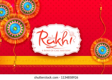 illustration of greeting card with decorative Rakhi for Raksha Bandhan, Indian festival of brother and sister bonding celebration