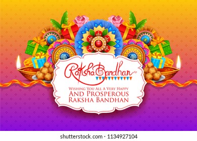illustration of greeting card with decorative Rakhi for Raksha Bandhan, Indian festival of brother and sister bonding celebration