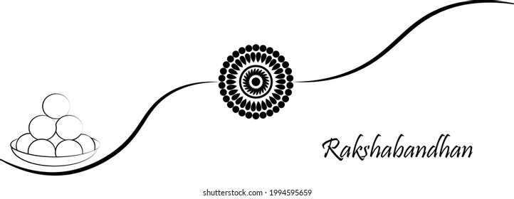 illustration of greeting card with decorative Rakhi for Raksha Bandhan. Hand drawn black and white illustration of cute kids on swing, sweets and gift boxes.