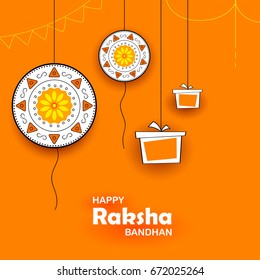 illustration of greeting card with decorative Rakhi for Raksha Bandhan, Indian festival for brother and sister bonding celebration