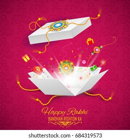 illustration of greeting card with decorative Rakhi for Raksha Bandhan, Indian festival for brother and sister bonding celebration