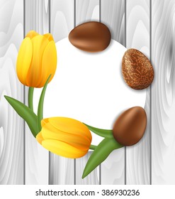 Illustration Greeting Card with Easter Chocolate Ornamental Eggs and Yellow Tulips Flowers on Wooden Background - vector