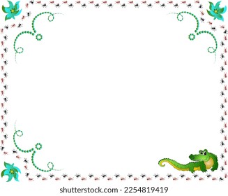 An illustration of a greeting card frame for children with ants and a crocodile. Postcard cartoon.