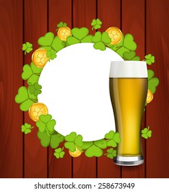 Illustration greeting card with glass of light beer, shamrocks and golden coins for St. Patrick's Day - vector
