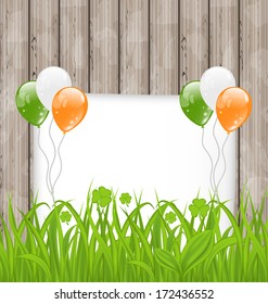 Illustration greeting card with grass and balloons in Irish flag color for St. Patrick's Day - vector