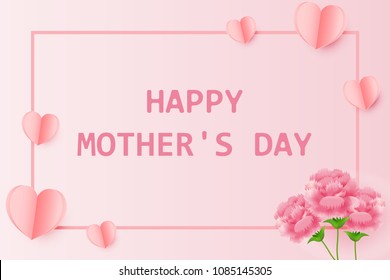 Illustration Greeting Card Happy Mother Day with paper heart and pink carnation , vector