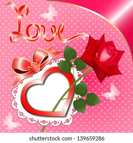 illustration of a greeting card with a heart and a rose