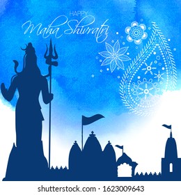 illustration of Greeting card for maha Shivratri, a Hindu festival celebrated of Lord Shiva with blue watercolor background, shiva statue and temple