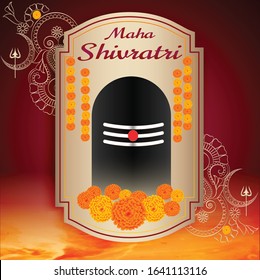 illustration of Greeting card for maha Shivratri, a Hindu festival celebrated of Lord Shiva with red background,trishul,lingam and flowers, mandala