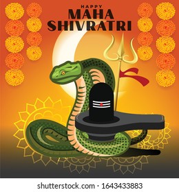 illustration of Greeting card for maha Shivratri, a Hindu festival celebrated of Lord Shiva with 
 orange background , snake, trishul, lingam and flowers, mandala