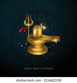 illustration of Greeting card for maha Shivratri, a Hindu festival celebrated of Lord Shiva with dark green background, trishul and Golden lingam 