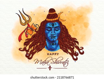 illustration of Greeting card for maha Shivratri, a Hindu festival celebrated of Lord Shiva with watercolor background, handmade shiva face 