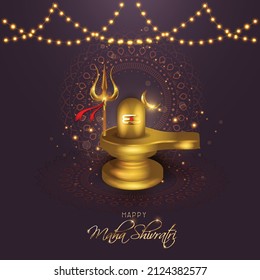 illustration of Greeting card for maha Shivratri, a Hindu festival celebrated of Lord Shiva with dark green background, trishul and Golden lingam 