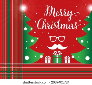 Illustration greeting card of the Merry Christmas in english on a red background with Christmas tree and Christmas attributes. Vector illustration 10 EPS.