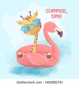 Illustration of a greeting card or a princess for a children's room - a cute giraffe on an inflatable circle in the form of a flamingos, vector illustration in cartoon style