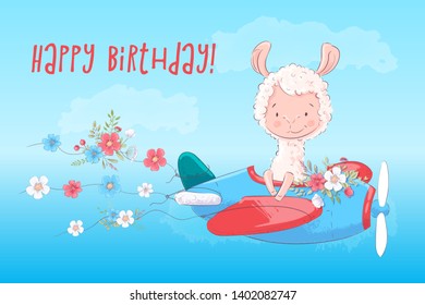 Illustration of a greeting card or princess for a children's room - Lama on a plane with flowers, vector illustration in cartoon style