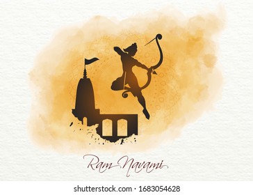 illustration of Greeting card for Ram Navami , a Hindu festival celebrated of Lord Ram with watercolor background and temple