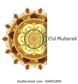 Illustration of greeting card with round ornate golden moroccan arabesque ornament.