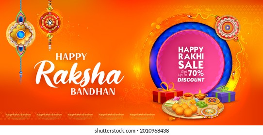 illustration of greeting card and template banner for sales promotion advertisement with decorative Rakhi for Raksha Bandhan, Indian festival for brother and sister bonding celebration