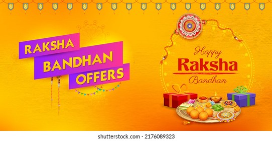 illustration of greeting card and template banner for sales promotion advertisement with decorative Rakhi for Raksha Bandhan, Indian festival for brother and sister bonding celebration