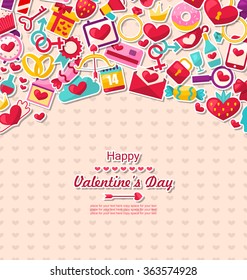 Illustration Greeting Card for Valentine's Day. Flat Valentine Icons, Lock and Key, Gift Box, Candles, Sweet Cupcake, Rings - Vector