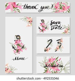 Illustration greeting hand-drawn lily floral background. Vector pattern with flowers and leaves