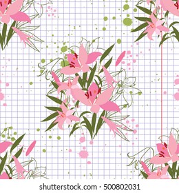 Illustration greeting hand-drawn lily floral background. Vector pattern with flowers and leaves