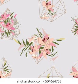 Illustration greeting hand-drawn lily floral background. Vector pattern with flowers and leaves