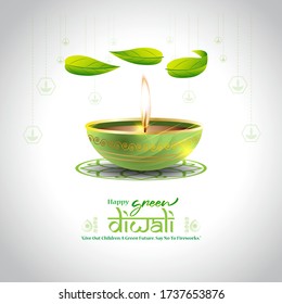 Illustration of greeting for Happy Green Diwali with Illuminated Oil Lit Lamp with leaves for Indian Festival of Lights on abstract background.