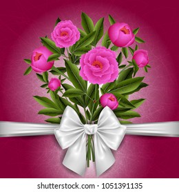 Illustration of greeting or invitation card template with peony flowers, bow and scratched background
