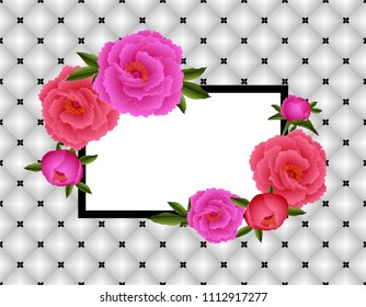 Illustration of greeting or invitation card template with peony flowers, frame and upholstery background
