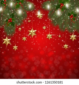 Illustration of greeting or invitation card template with Christmas fir tree, holly berry branches, lights, gold stars and snowflakes
