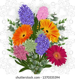 Illustration of greeting or invitation card template with hyacinth, gerbera daisy flowers, succulent plants, eucalyptus branches and ornamental background
