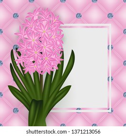 Illustration of greeting or invitation card template with hyacinth flower, banner, upholstery background and diamonds
