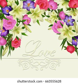 Illustration of greeting or invitation card template with lily, peony, crocus flowers, love lettering and ornate border
