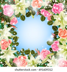 Illustration of greeting or invitation card template with lily and rose flowers
