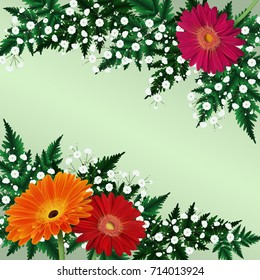 Illustration of greeting or invitation card template with gerbera daisy flowers, gypsophila and fern branches
