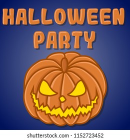 Illustration for greeting and invitation flyers for the Halloween party with the inscription "Halloween party". Vector cartoon image of a scary pumpkin on a blue background.