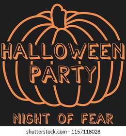 Illustration for greeting and invitation flyers on a Halloween holiday with the inscription "Halloween party, Night of fear".
Vector cartoon image of a pumpkin on a dark background background.