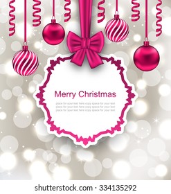 Illustration Greeting Paper Card with Bow Ribbon and Christmas Balls, Light Background - Vector